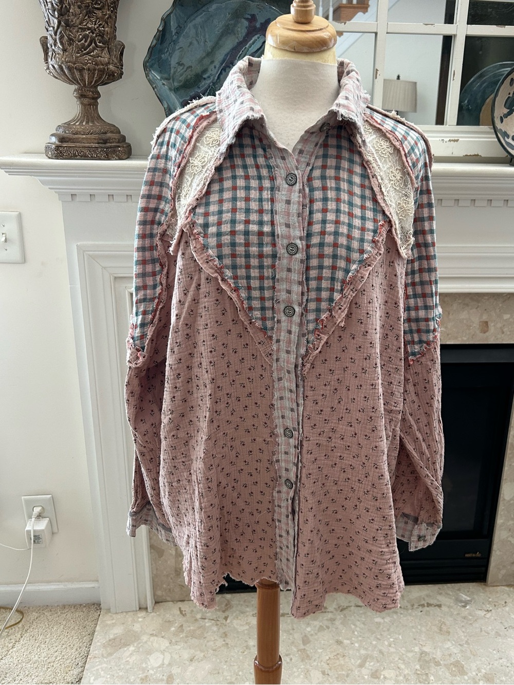 POL Women's Pink Patchwork Button-Down Shirt with Check Yoke and Lace Trim